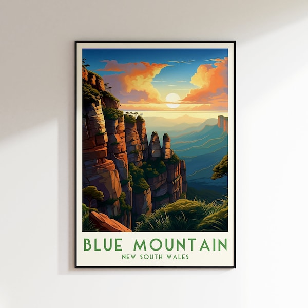 Blue Mountain Travel Print, New South Wales Print, Australia, Home Decor, Retro Art, Wedding Gift, Birthday Gift, Digital Print, Poster