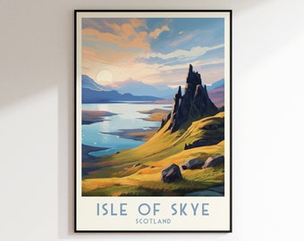 May include: A vintage travel poster featuring a scenic view of the Isle of Skye in Scotland. The poster depicts a dramatic mountain range with a lake in the foreground and a bright blue sky with fluffy clouds. The text "Isle of Skye, Scotland" is printed at the bottom of the poster.