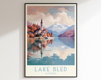 Lake Bled Travel Print, Slovenia Poster, Home Decor, Retro Wall Art, Wedding Gift, Birthday Gift, Digital Print, Lake Bled Poster