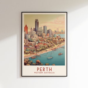 Impresión de viaje a Perth, impresión de Australia Occidental, Australia, decoración del hogar, arte retro, regalo de boda, regalo de cumpleaños, impresión digital