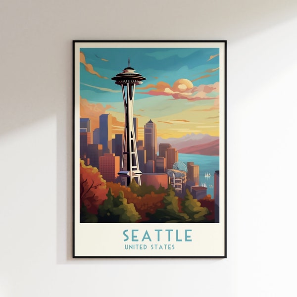 Seattle Travel Print, United States, Home Decor, Retro Wall Art, Wedding Gift, Birthday Gift, Digital Print, Seattle Poster, Seattle WallArt