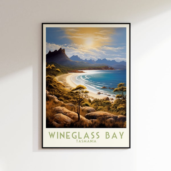 Wineglass Bay Travel Print, Tasmania Print, Australia, Home Decor, Retro Wall Art, Wedding Gift, Birthday Gift, Digital Print, Poster