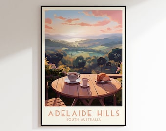 Impresión de viaje de Adelaide Hills, impresión de Australia del Sur, decoración del hogar, arte retro, regalo de boda, regalo de cumpleaños, impresión digital, póster de Adelaide Hills