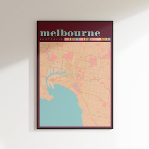 Affiche de carte de Melbourne, impression de carte de Melbourne, Melbourne, Australie, carte contemporaine, carte moderne, cadeau de voyage, art mural Melbourne, impression numérique