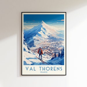 May include: A vintage travel poster featuring a skier descending a snowy mountain slope overlooking a village in the French Alps. The poster is titled "Val Thorens, France".