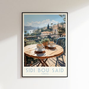 Carte de voyage Sidi Bou Said, affiche Tunisie, décoration d'intérieur, art mural rétro, cadeau de mariage, cadeau d'anniversaire, impression numérique, affiche, impression Tunisie