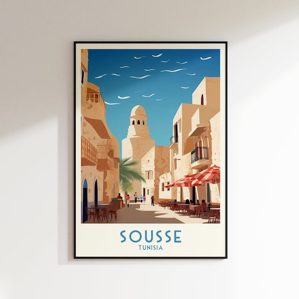 Impression voyage à Sousse, impression Tunisie, Tunisie, décoration d'intérieur, art mural rétro, cadeau de mariage, cadeau d'anniversaire, impression numérique, affiche, impression Tunisie