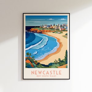 Newcastle Beach Travel Print, New South Wales Print, Australia, Home Decor, Retro Art, Wedding Gift, Birthday Gift, Digital Print
