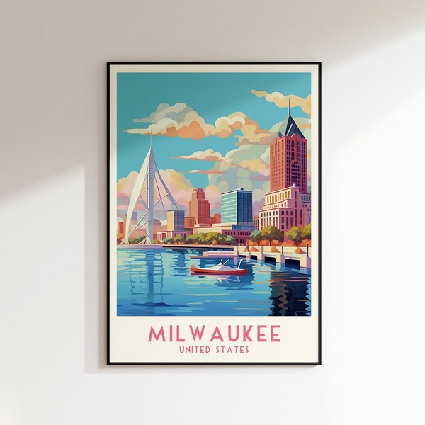 Milwaukee Travel Print, United States, Home Decor, Retro Wall Art, Wedding Gift, Birthday Gift, Digital Print, Milwaukee Poster
