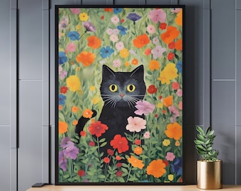 クリムトのリンゴの木の猫のプリント、クリムトの花の猫のポスター、黒