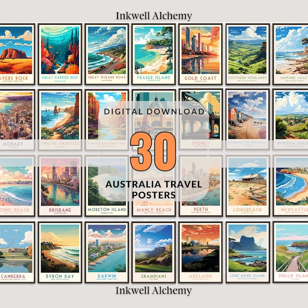 30 Set Australien Reise Poster, Brisbane, Home Dekor, Retro Wand Kunst, Hochzeitsgeschenk, Geburtstagsgeschenk, Digitaldruck, Poster, Bordeaux, Sydney