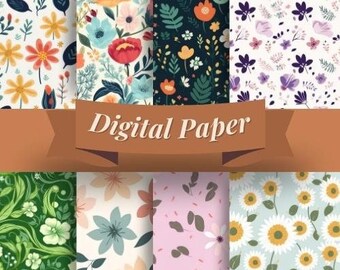 8 Set Blumen Digital Papier, nahtlose Blumen Digitaldruck, Gästebuch, Blumen Hintergrund, Blumendrucke, Frühlings Digital Papier, Aquarell