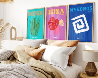Travel Print Set of 3, Ibiza Bohemia Poster Print, Colorful Print, Gallery Wall Art, Maximalist Decor, Preppy Poster Retro Printable Poster