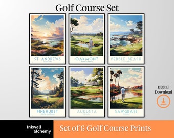 May include: Set of six digital prints featuring famous golf courses. Each print features a scenic view of the course with a golfer in the foreground. The courses featured are St. Andrews, Oakmont, Pebble Beach, Pinehurst, Augusta, and Sawgrass.