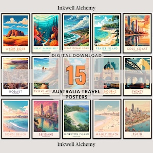 Juego de 15 impresiones de viajes a Australia, Brisbane, decoración del hogar, arte mural retro, regalo de boda, regalo de cumpleaños, impresión digital, póster, Melbourne, Sídney