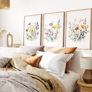 Wildflowers Art Watercolour Set of 3 Prints, Minimalist Boho Wall Decor, Botanical Wall Art, Floral Instant Art, Farmhouse, Digital Download