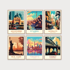 6 Set Travel Print, Melbourne Print, Australia, Home Decor, Retro Wall Art, Wedding Gift, Birthday Gift, Digital Print, Poster