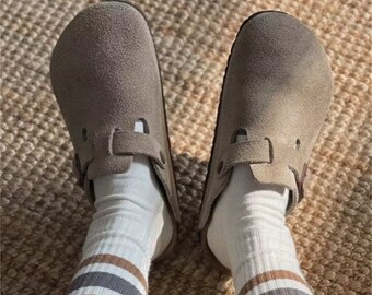 Birkenstock Boston Gray Leather Clogs / Sandals Slides Slippers Open Heel Cork Sole Soft  Footbed ,Cow Slipper,Fluffy slippers,house slipper