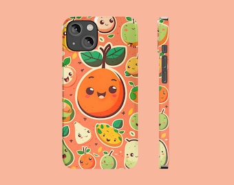 May include: A phone case with a bright orange background featuring a pattern of cartoon fruits with smiling faces. The fruits include oranges, pears, avocados, and limes. The case has a cutout for the phone's camera.
