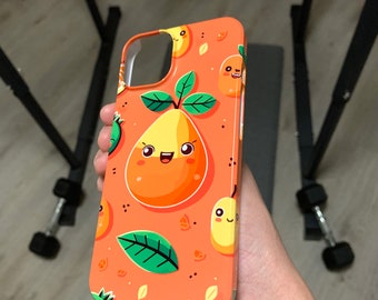 May include: A bright orange phone case with a repeating pattern of cartoon fruit. The fruit is a pear with a smiling face and green leaves. The background is a light orange color with small black dots.