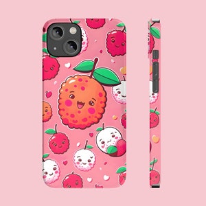 May include: A pink phone case with a pattern of cartoon lychees. The lychees have smiling faces and are pink, red, and white. The phone case has a black camera cutout.