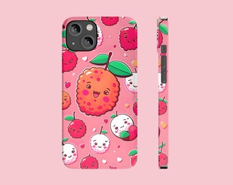 May include: A pink phone case with a pattern of cartoon lychees. The lychees have smiling faces and are pink, red, and white. The phone case has a black camera cutout.