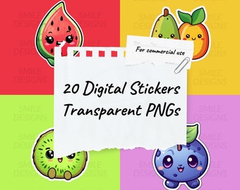 Digital Fruit Stickers | Cute Kawaii Fruits | 20 Transparent PNGs | For Commercial Use