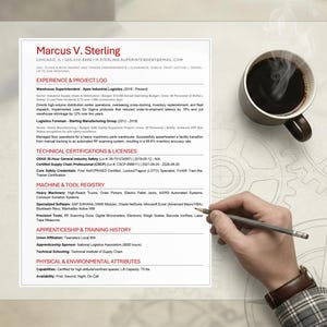 Könnte beinhalten: Ein Lebenslauf mit dem Namen "Marcus V. Sterling" und einer Kaffeetasse. Der Lebenslauf listet Erfahrung, Zertifizierungen und Fähigkeiten auf. Eine Hand mit einem Bleistift liegt auf dem Dokument, was auf eine Überprüfung hindeutet. Der Hintergrund hat ein Blaupausen-Design.
