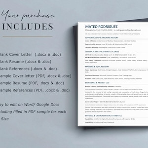 May include: A resume template and a list of included documents are displayed on a gray surface. The resume includes contact information, apprenticeship history, certifications, and work experience. The included documents are a cover letter, resume, and references.