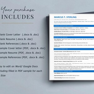May include: A resume template with the name Marcus T. Sterling, with sections for technical certifications, machine and tool registry, experience, and apprenticeship. The image also includes a list of included documents such as cover letters and resumes.