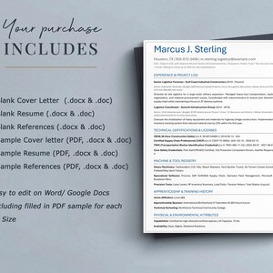 May include: A resume template featuring the name "Marcus J. Sterling" and a list of included documents, such as cover letters and resumes, in .docx and .pdf formats. The text "Your purchase INCLUDES" is at the top. The resume is on an A4 size paper.