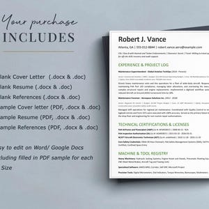 Puede incluir: Una plantilla de currículum vitae con el nombre "Robert J. Vance" y su información de contacto. El documento incluye secciones para experiencia, certificaciones técnicas y un registro de máquinas y herramientas. El texto "Your purchase INCLUDES" está en la parte superior, con una lista de documentos incluidos.