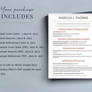 Op de afbeelding: Een cv-sjabloon met de naam Marcus J. Thorne bovenaan. Het cv bevat secties voor leerlingwezen, certificeringen, machineregister en ervaring. De tekst "Your purchase includes" staat linksboven.