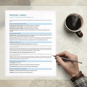 May include: A resume with the name "Marcus J. Vance" and a coffee cup are on a light-colored surface. A hand holding a pencil is visible. The resume includes sections for certifications, experience, and training.