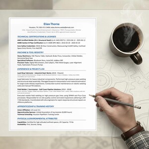 May include: A resume with the name Elias Thorne, a coffee mug, and a hand holding a pencil. The resume lists certifications, experience, and skills. The coffee mug is dark brown and filled with coffee. The background has a blueprint design.