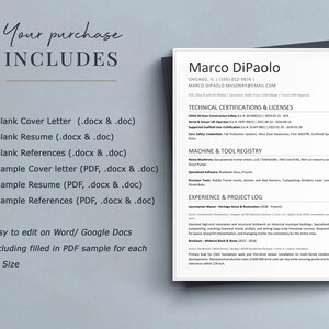 May include: A resume template with the name "Marco DiPaolo" at the top, along with contact information. The document includes sections for technical certifications, machine and tool registry, and experience. The phrase "Your purchase includes" is at the top.