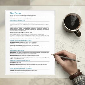 May include: A resume titled "Elias Thorne" with a cup of coffee and a hand holding a pencil. The resume includes sections for experience, certifications, and machine registry. The background has a light beige color with a gear design.