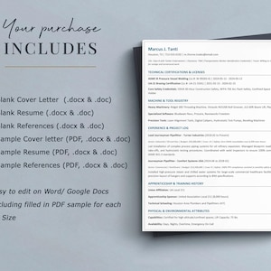 May include: A resume template with the text "Your purchase INCLUDES" and a list of included documents. The resume sample includes a professional summary, technical certifications, and work experience. The document is easy to edit on Word and Google Docs.