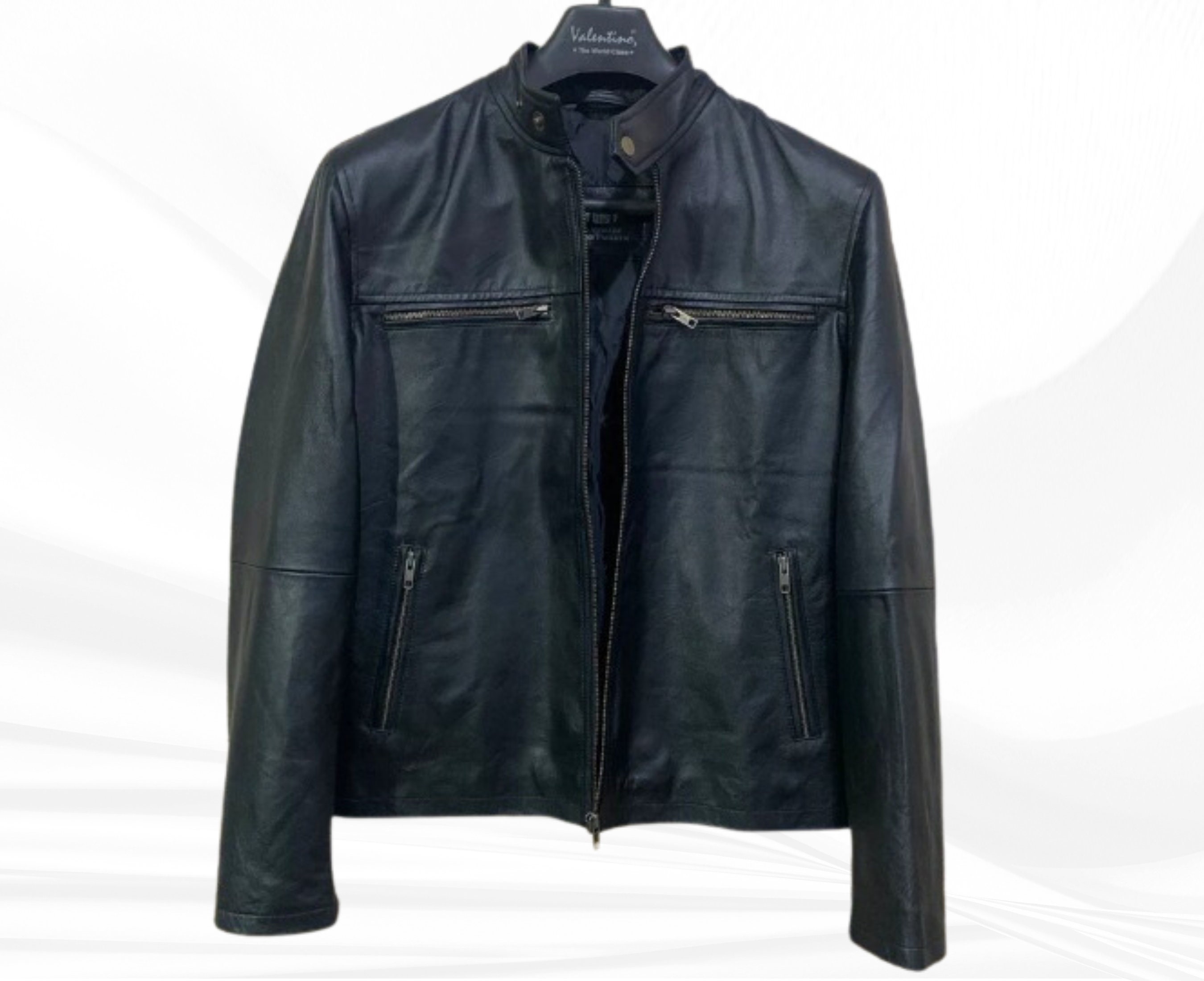 Black Premium Men's Leather Jacket Durable Racing Jacket Collared ...