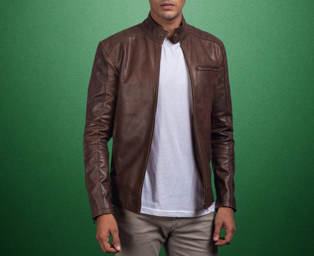 Classic Brown Leather Jacket Men Collarbutton Racing Jacket Etsy