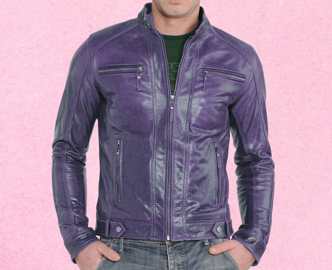 Attractive Purple Men's Leather Jacket Handmade Genuine Leather Jacket Men's Durable Racing