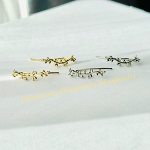 14K Gold Olive Branch Ear Climber: CZ Leaf Crawler Earrings