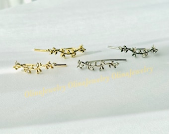 14K Gold Olive Branch Ear Climber: CZ Leaf Crawler Earrings