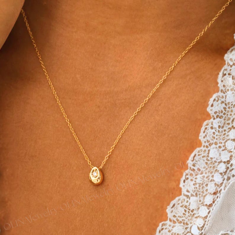 18K Gold Minimalist Tiny Water Drop Pendant Necklace, Tiny Charm