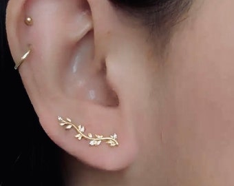 14K Gold Silver Ear Climber • Twig Tiny Ear Climber • Olive Ear Climber Earring • Gold Leaf Climber • CZ Climber Earring • Olive Ear Crawler