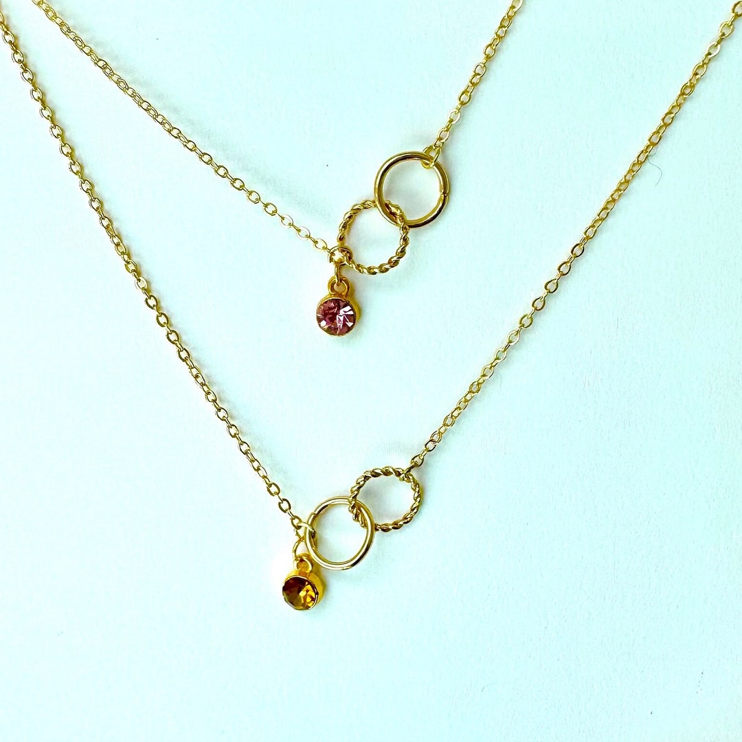 14K Gold Birthstone Necklace, Double Loop Necklace With Birthstone ...