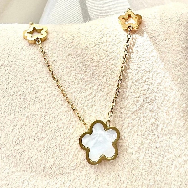14K Gold Clover Necklace, Clover Charm Necklace,  Flower Leaf Necklace, White Pearl Shell Necklace, Gold Long Necklace, Shell Necklace
