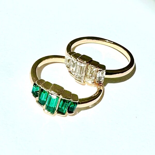 14K Gold Baguette Emerald Ring, Gemstone Statement Ring, Tarnish Free Ring, Crystal Gemstone Baguette Stacking Ring, Dainty Stacking Ring