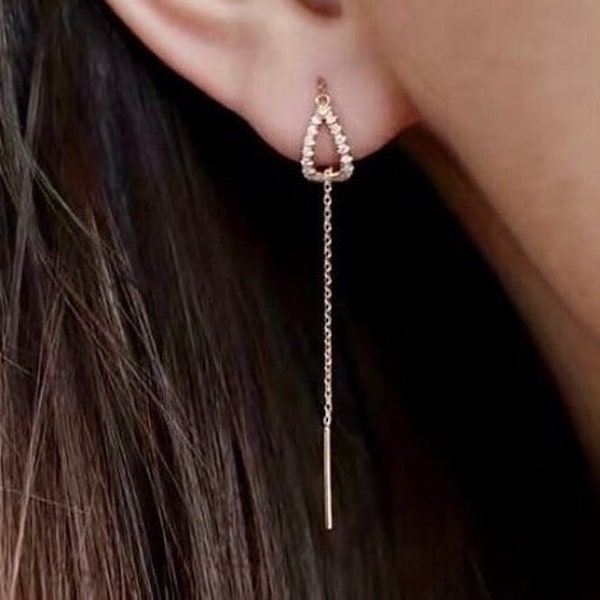 14K Gold Threader Earring, Silver Threader Earring, Minimalist Threader Earring, CZ Diamond Threader Earring, Pull Through Chain Earring