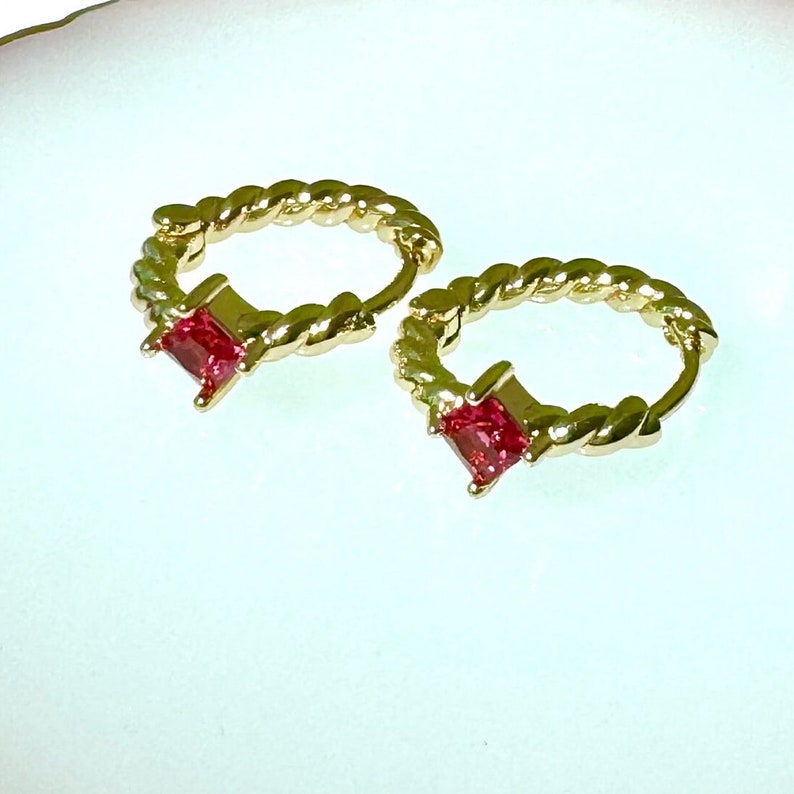 14K Gold Ruby Hoop Earrings, Twisted Gold Red Diamond Huggies, Dainty ...